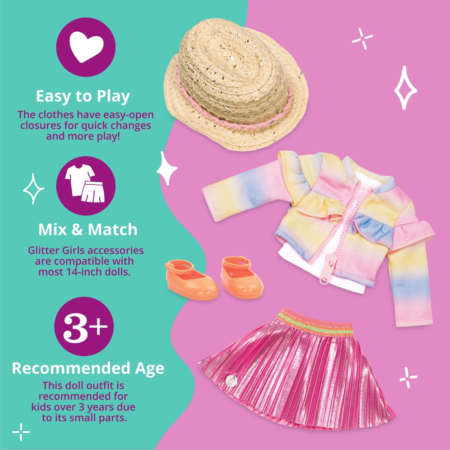 Glitter Girls – Cuties In Ruffles & Pleats Outfit – 14-Inch Doll Clothes – Rainbow Jacket, Skirt, Hat, & Glitter Shoes – Kids Ages 3 And Up – Children’S Toys