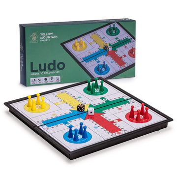 Yellow Mountain Imports Magnetic Folding Ludo Travel Board Game Set - 9.8 Portable Classic Strategy Game - White