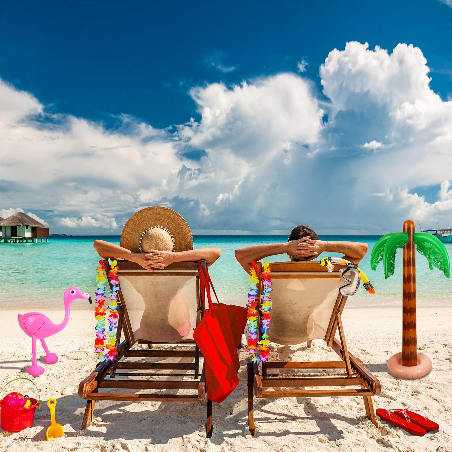 Ruisita Inflatable Luau Party Set 2 Pack Palm Trees 1 Pack Inflatable Parrot 1 Pack Inflatable Flamingo 2 Pack Beach Balls 1 Pac