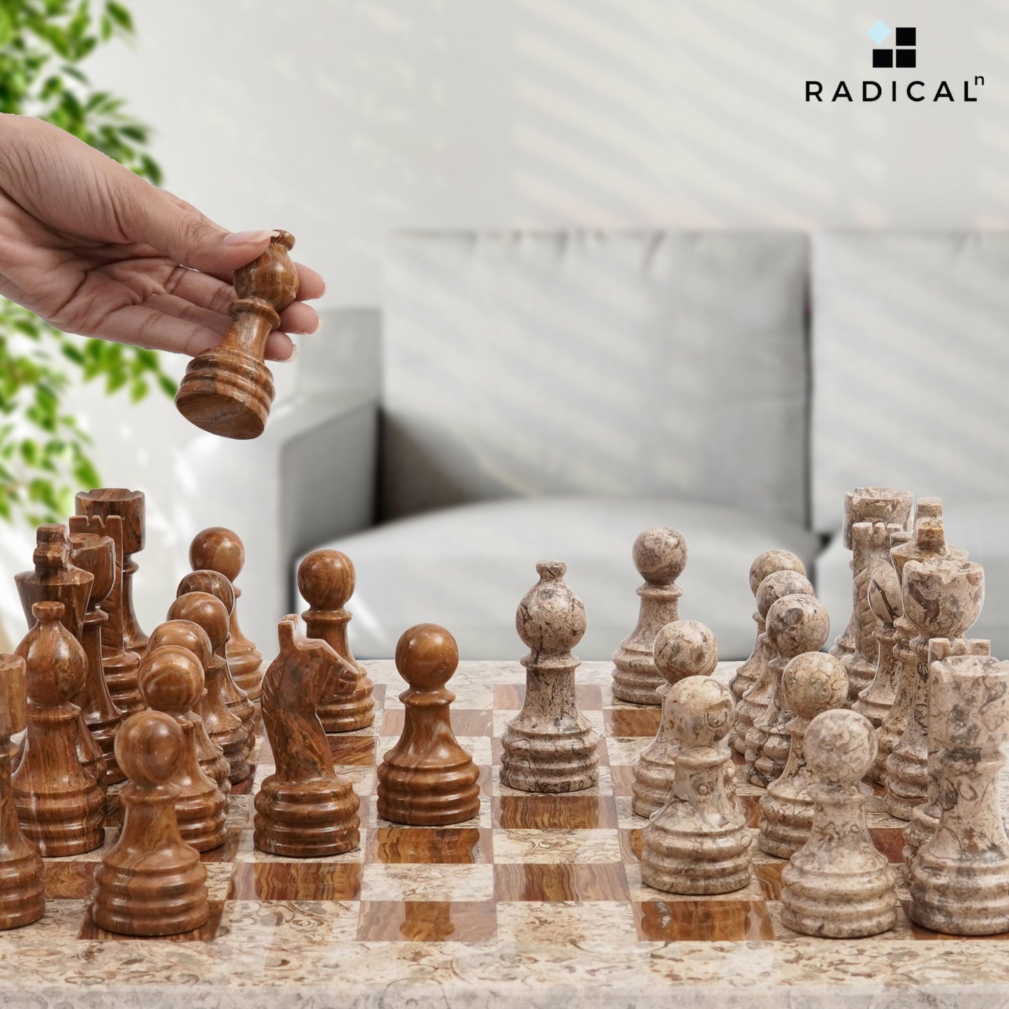 Radicaln Marble Chess Set 15 Inches Fossil Coral And Dark Brown Handmade Board Game Chess Sets For Adults - Travel Chess Game Se
