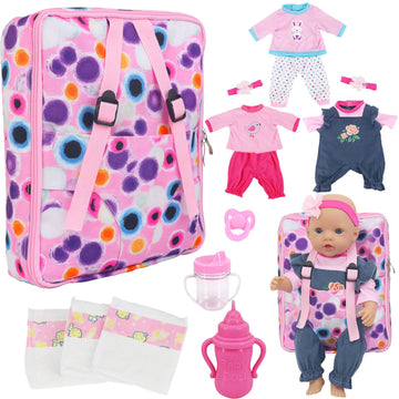 Ecorelf Baby Doll Backpack For 16-18 Inch Dolls ,Baby Doll Playset Included Baby Doll Diaper Carrier Bag,Doll Clothes Sets,Headb