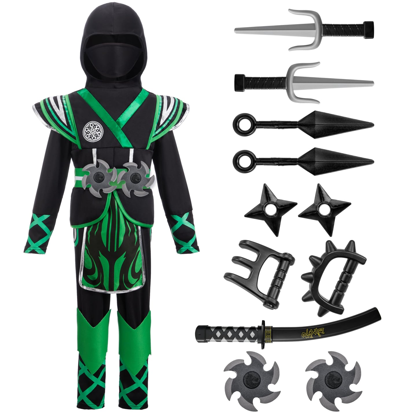 Spooktacular Creations Kids Green Ninja Costume, Child Boy Ninja Outfit Set, Halloween Costume For Toddler Themed Parties, Dress Up (Medium, 8-10 Yrs)