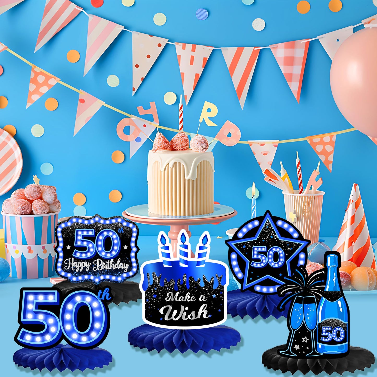 Happy 50th Birthday Honeycomb Centerpieces 9Pcs Stylish Sophisticated Blue Neon Theme Table Decor for Boys Girls Birthday Party