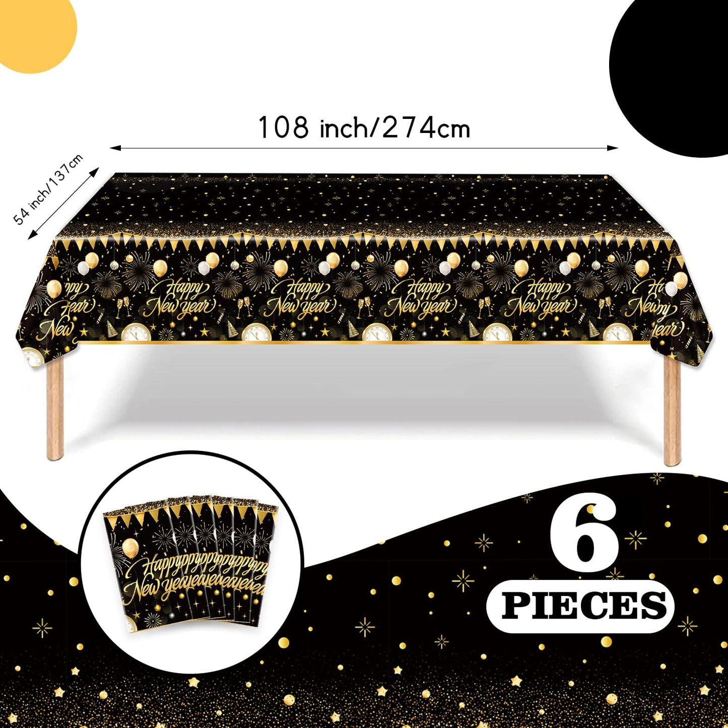 6PCS Happy New Year Tablecloth, Disposable Black Gold NYE Party Tablecloth Decorations, Rectangular Plastic New Year Table Cover