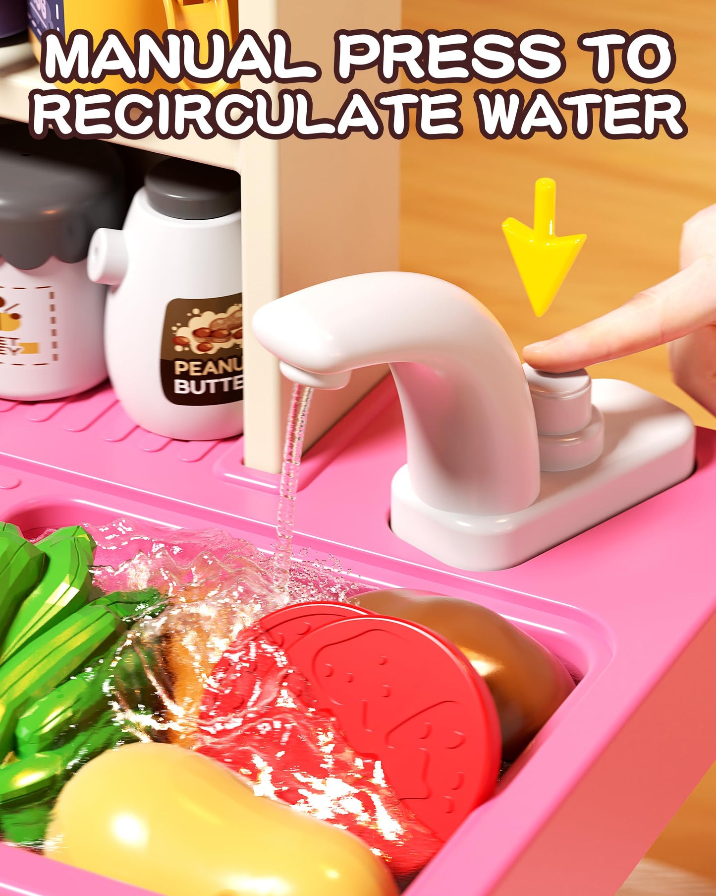 33.8IN Kids Kitchen Playset, 70PCS Kid Play Kitchen with Realistic Lights & Sounds, Spray Sink Toy Kitchen Accessories, Pretend