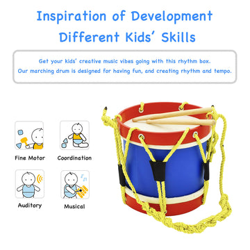 MUSICUBE 8-Inch Marching Drum Set for Kids with Adjustable Strap & 2 Wooden Sticks - Perfect Toddler Percussion Musical Instrument Gift