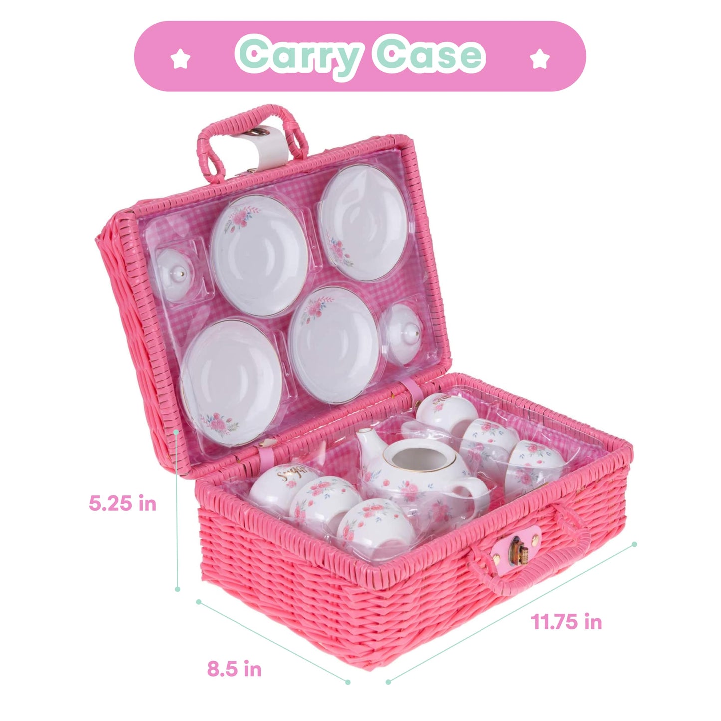 Jewelkeeper Porcelain Tea Set for Girls - 13 Pieces, Pink Ceramic Cups, Floral Design, Ideal Gift for Ages 3+ - Model D1301