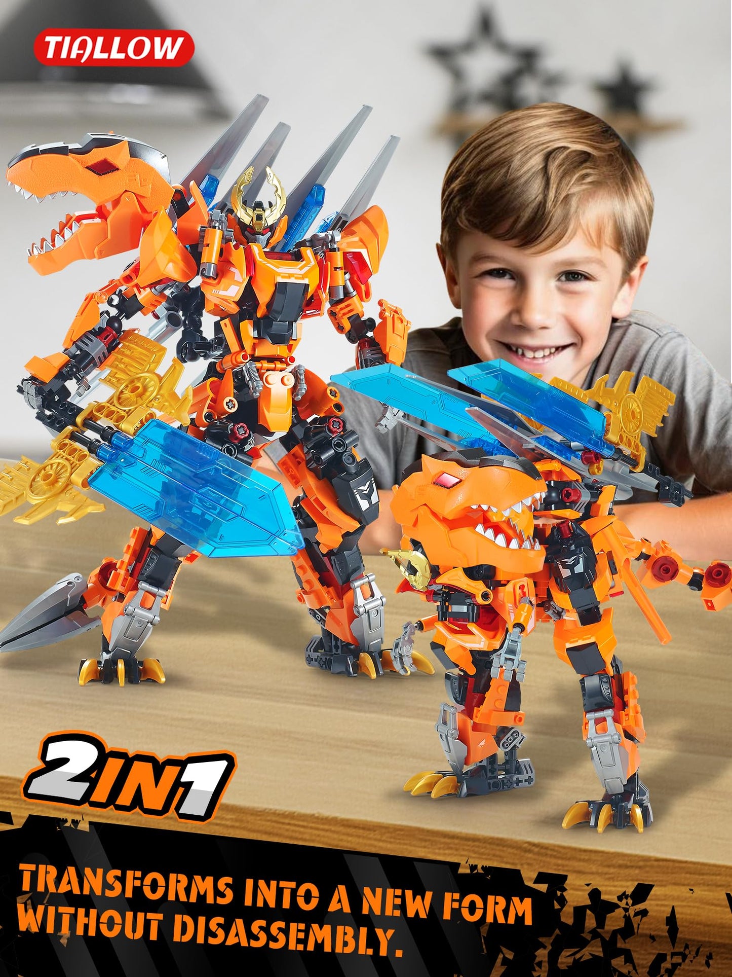 TIALLOW 2 in 1 Transforming Dinosaur Building Toy Set, Large Mecha Armor T-rex Model, Orange, F5-A0007, For Ages 8-14