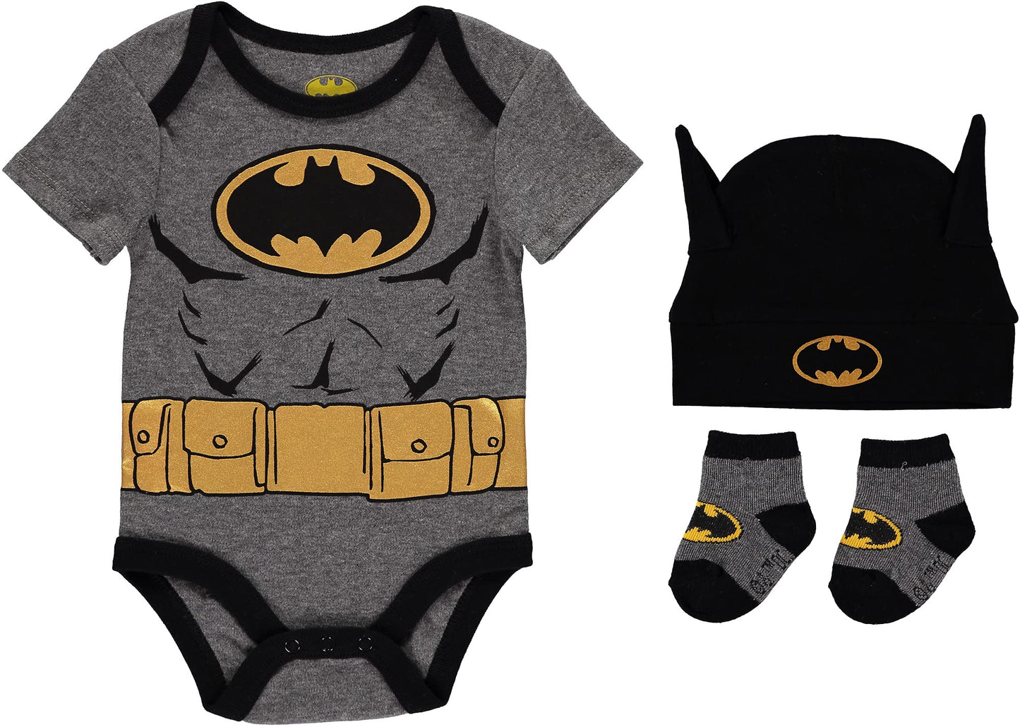 Dc Comics Batman Baby Clothes 3-Piece Set With Bodysuit, Baby Hat, And Baby Socks - Batman Baby Gift Set (Black/Yellow, 3-6M)