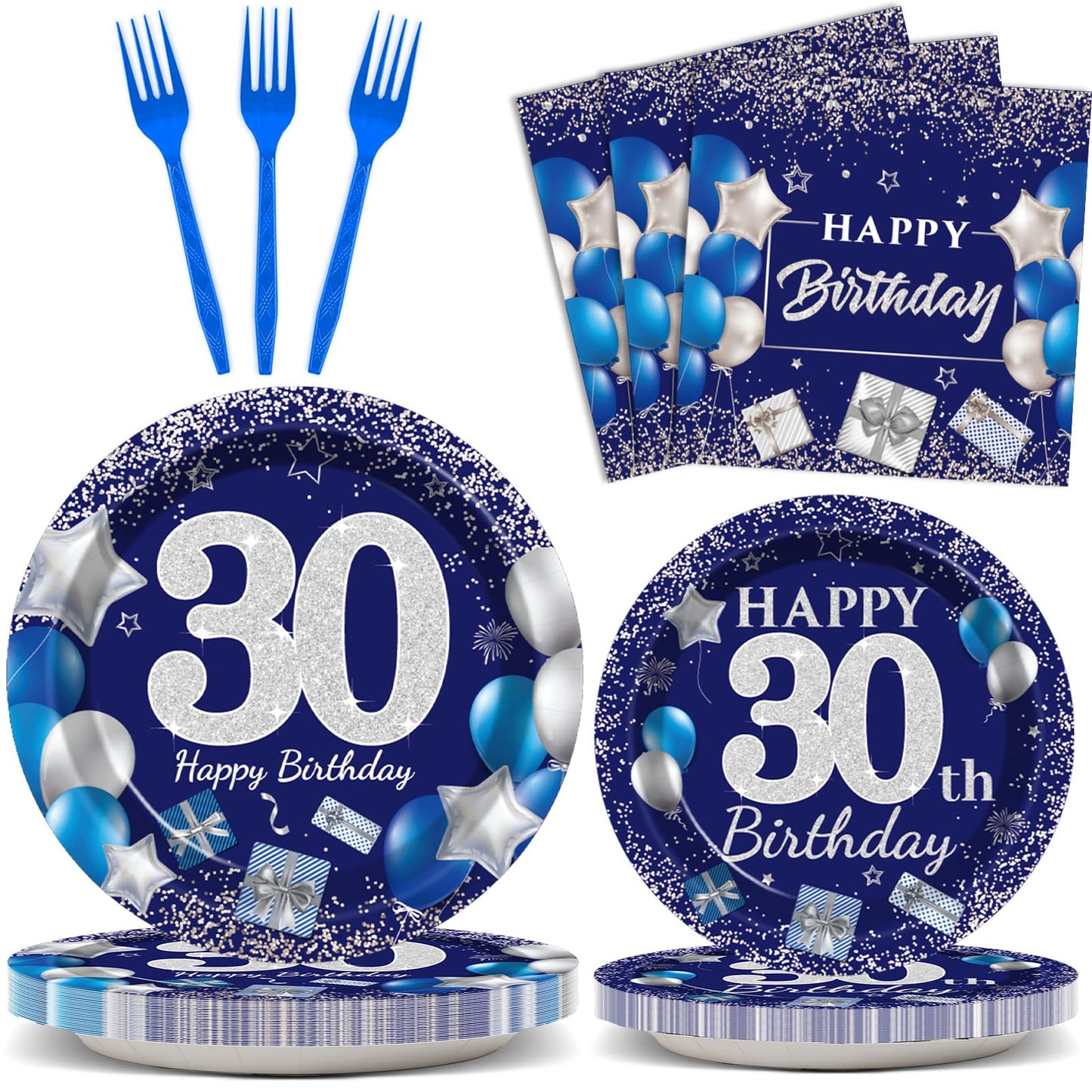 96 Pcs 30Th Birthday Party Supplies Navy Blue And Silver Birthday Plates 30Th Birthday Paper Tableware Happy Birthday Party Plat