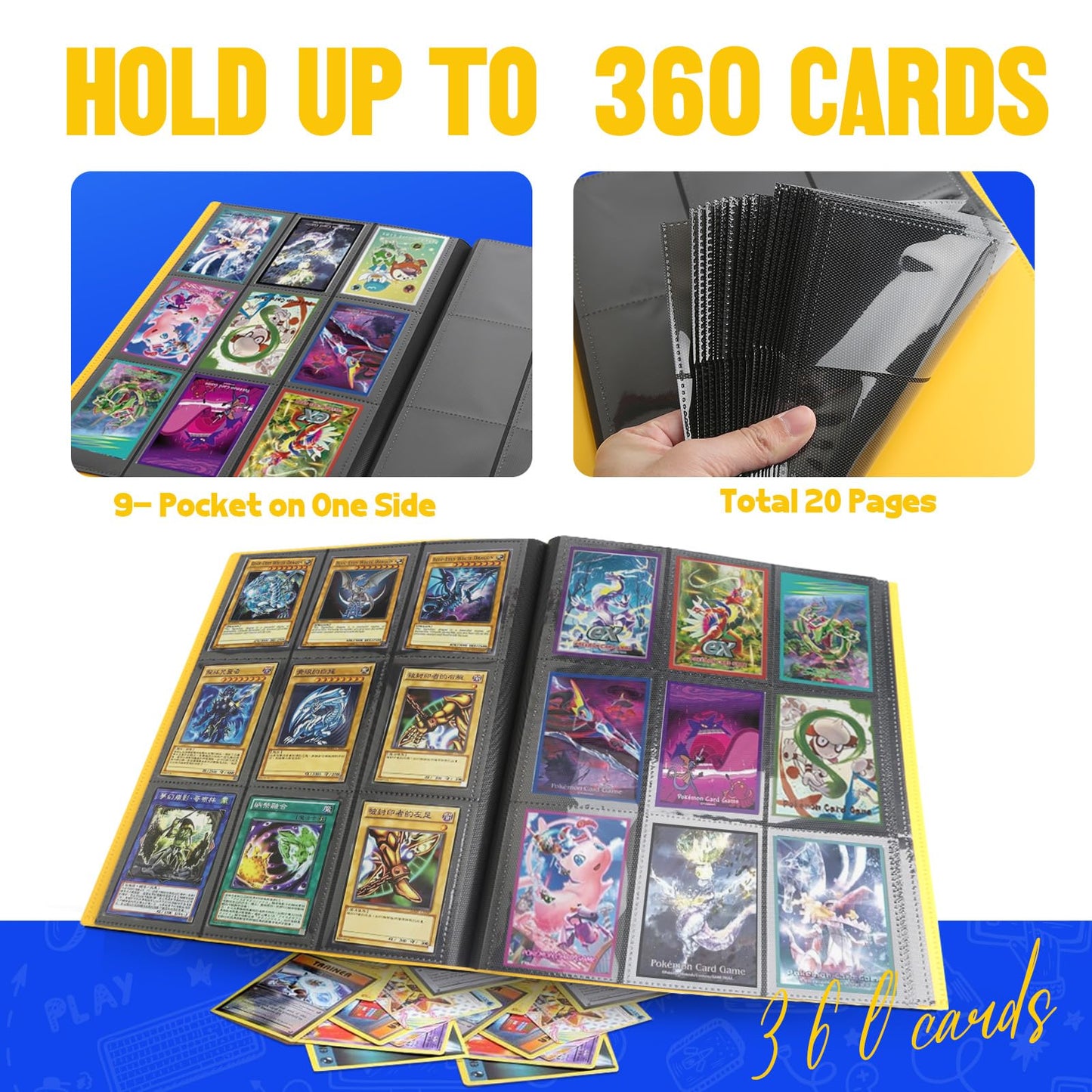 Card Binder 9-Pockets  Trading Card Binder 20 Pages  360 Card Capacity Collection Binder  Card Folder for MTG  TCG  Game Cards & Sports Cards(Yellow)