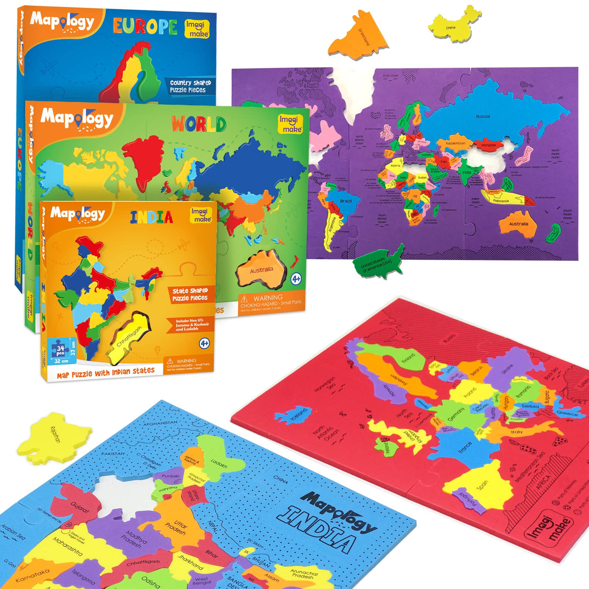 Imagimake Mapology India, World & Europe Map Set | Educational Jigsaw Puzzle for Kids | Learn Capitals, Flags & Geography Featur