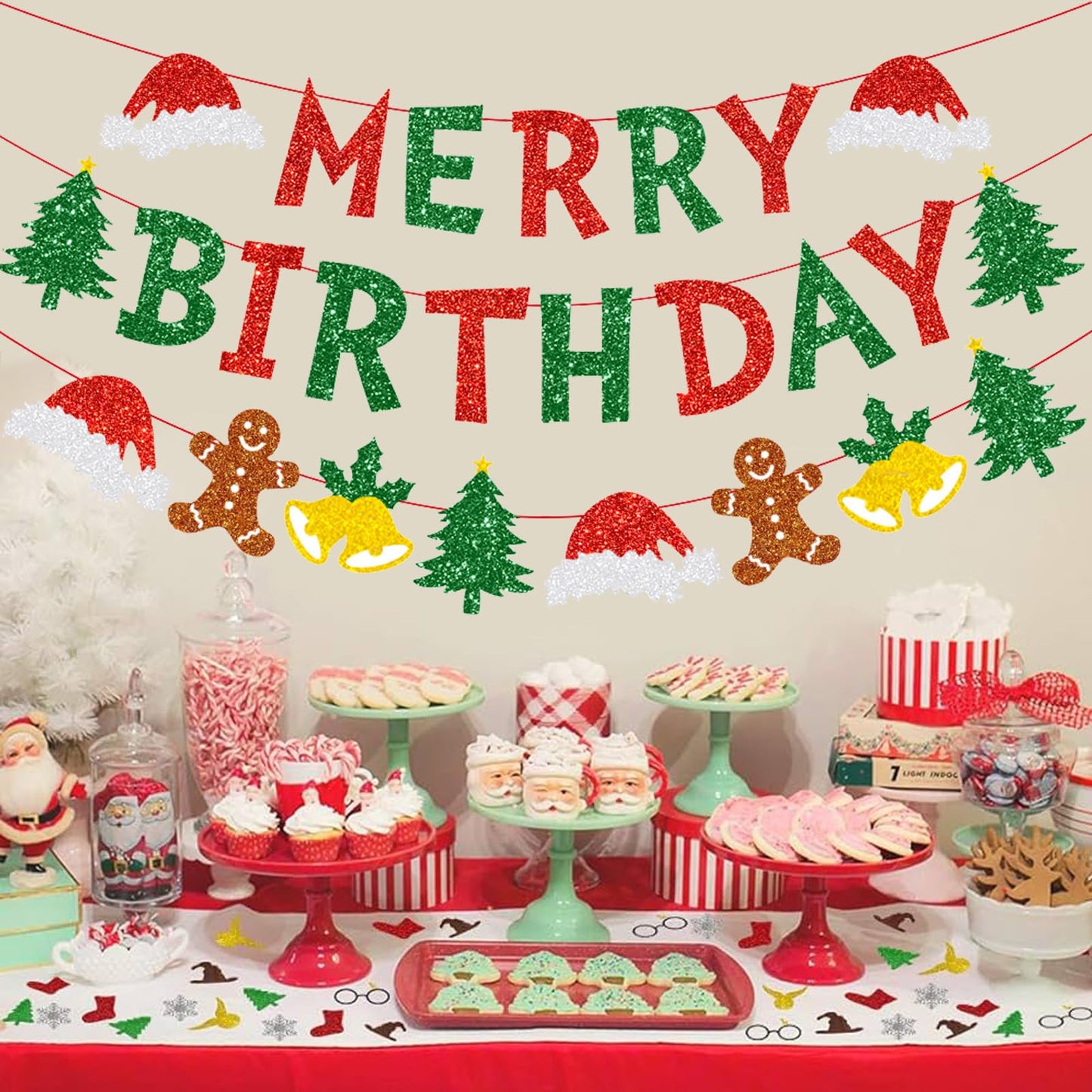 Zwiebeco Christmas Birthday Party Decorations Red Green Merry Birthday Banner Hanging Paper Christmas Tree Gingerbread Man Bells