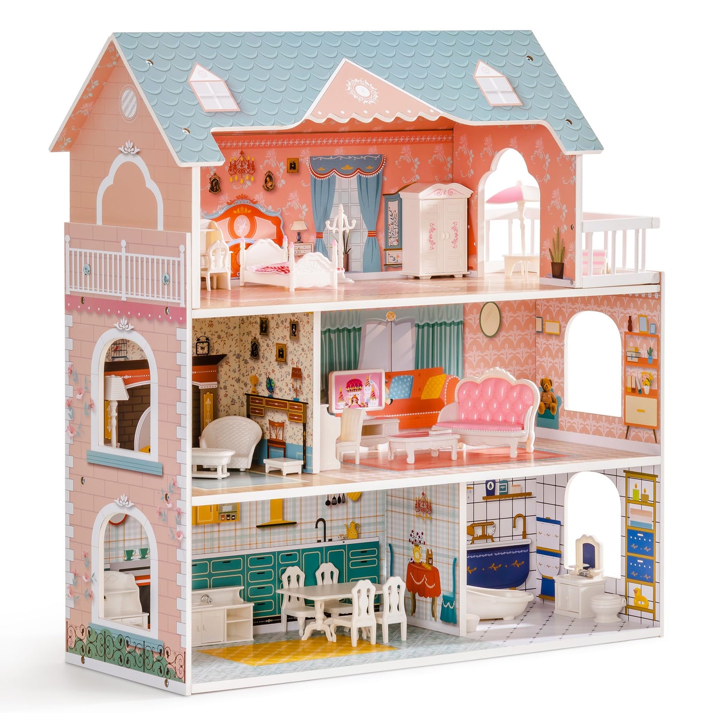 ROBUD Wooden Dollhouse for Kids, 3-6 Years, Blue, Includes Furniture, Model WDH01