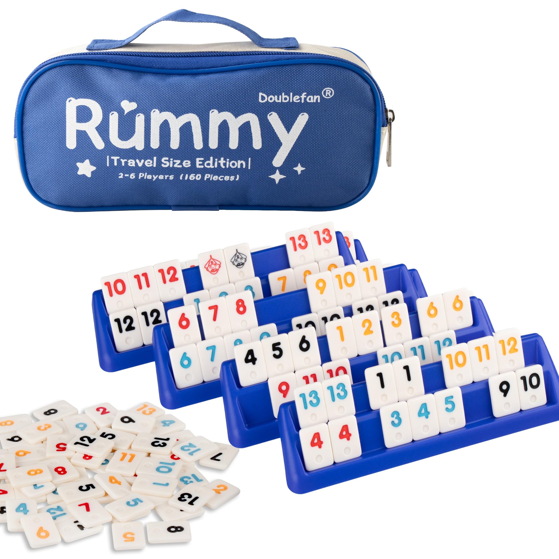 Doublefan Mini Rummy Set Travel Size Rummy Game with Portable Bag  Mini Rummy Cube Game for mature-themed and Kids 160 Tiles  6 Playing Rack  1 Dice (2-6 Players)