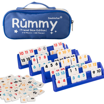 Doublefan Mini Rummy Set Travel Size Rummy Game with Portable Bag  Mini Rummy Cube Game for mature-themed and Kids 160 Tiles  6 Playing Rack  1 Dice (2-6 Players)