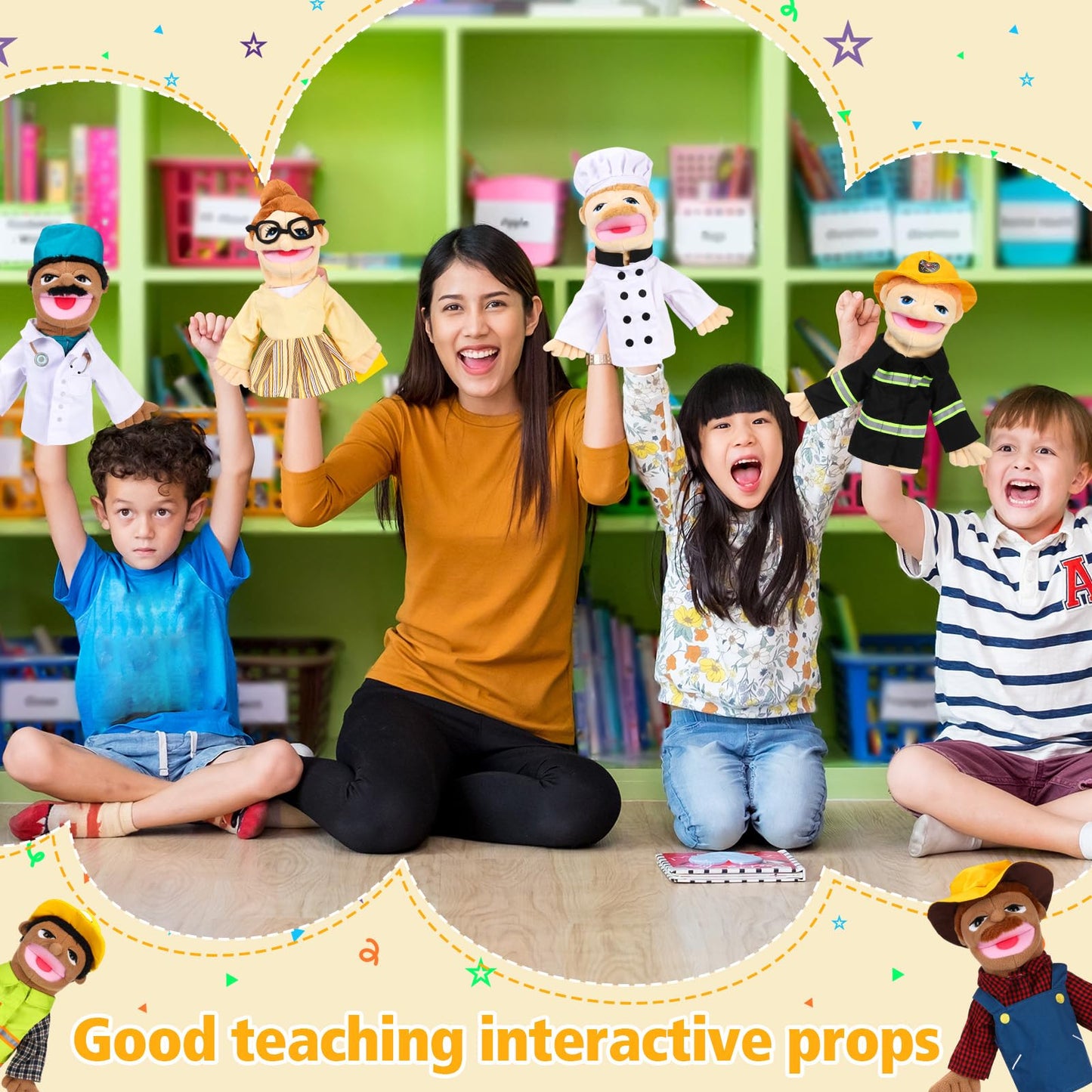 Civaner 6 Pcs Hand Puppet Set 11.8 Inch Plush Hand Puppets With Movable Mouth For Storytelling, Teaching, Preschool Education, R