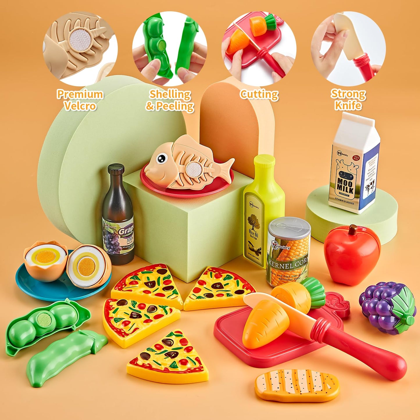 Kidsciety Pretend Play Kitchen Accessories, 52pc Kids Kitchen Playset with Play Food, Stainless Steel Cookware, Kitchen Toys Pot