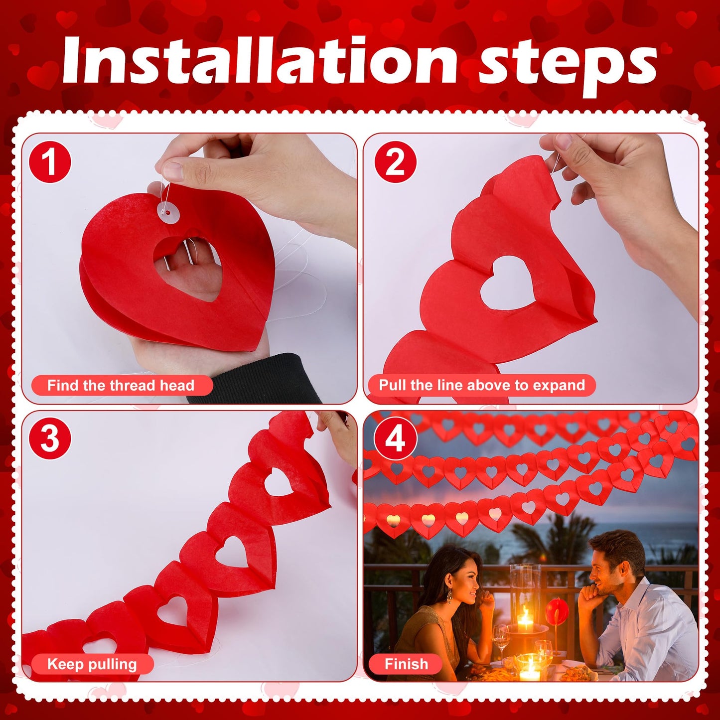 Tlswshsy 10Pcs Valentines Day Heart Garland Banner, 100Ft Pre-Strung Red Heart Paper Garland, Heart Shape Hanging Paper Decorati