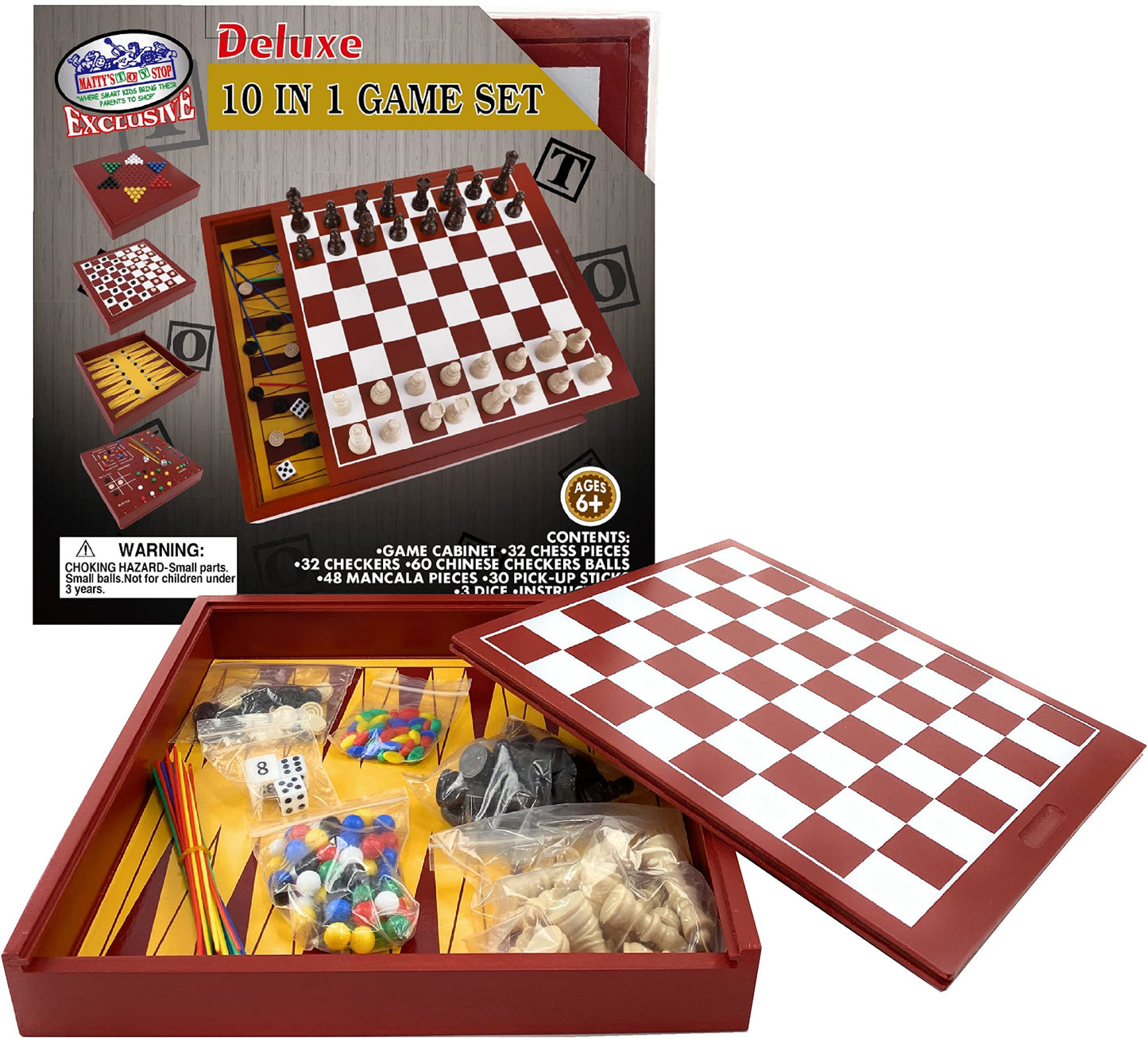 Matty'S Toy Stop Exclusive Deluxe 10-In-1 Chess, Checkers, Tic Tac Toe, Backgammon, Mill, Roll Em, Insanity, Chinese Checkers, Mancala & Pick-Up Sticks Wooden Cabinet Game Set