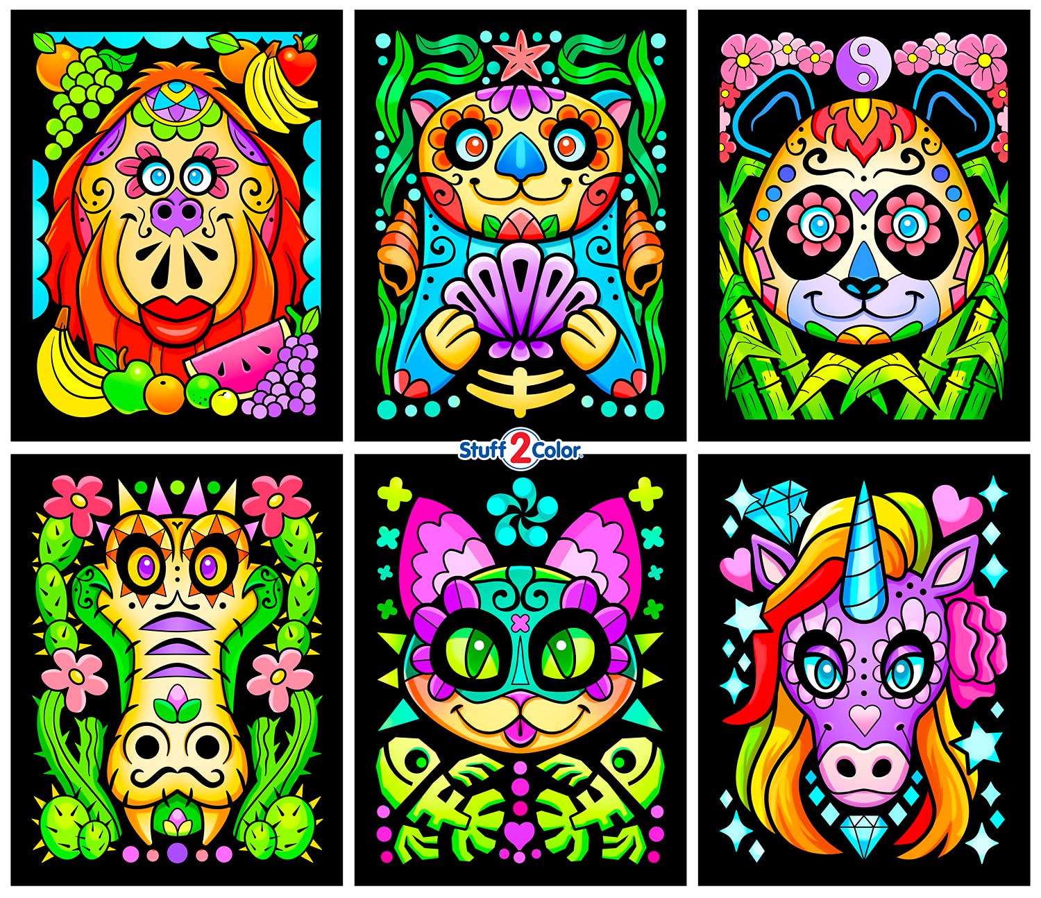 Stuff2Color Amazing Animals - 6 Pack of Fuzzy Black Velvet Coloring Posters - (Great for Kids, Adults, Group Activities) - Inclu