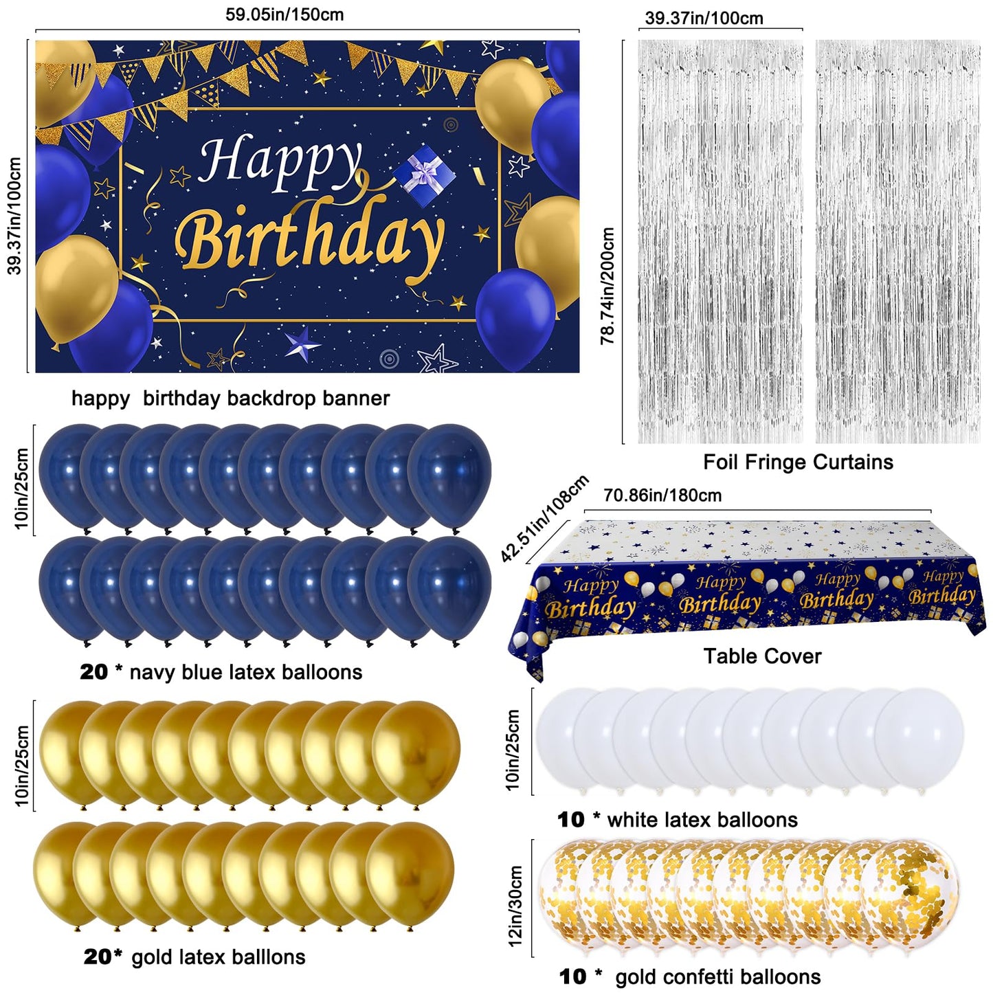 Puchod Blue and Gold Birthday Decorations Kit - Balloons, Tablecloth, Confetti, Foil Fringe Curtains for Men, Women, Boys, Girls Party