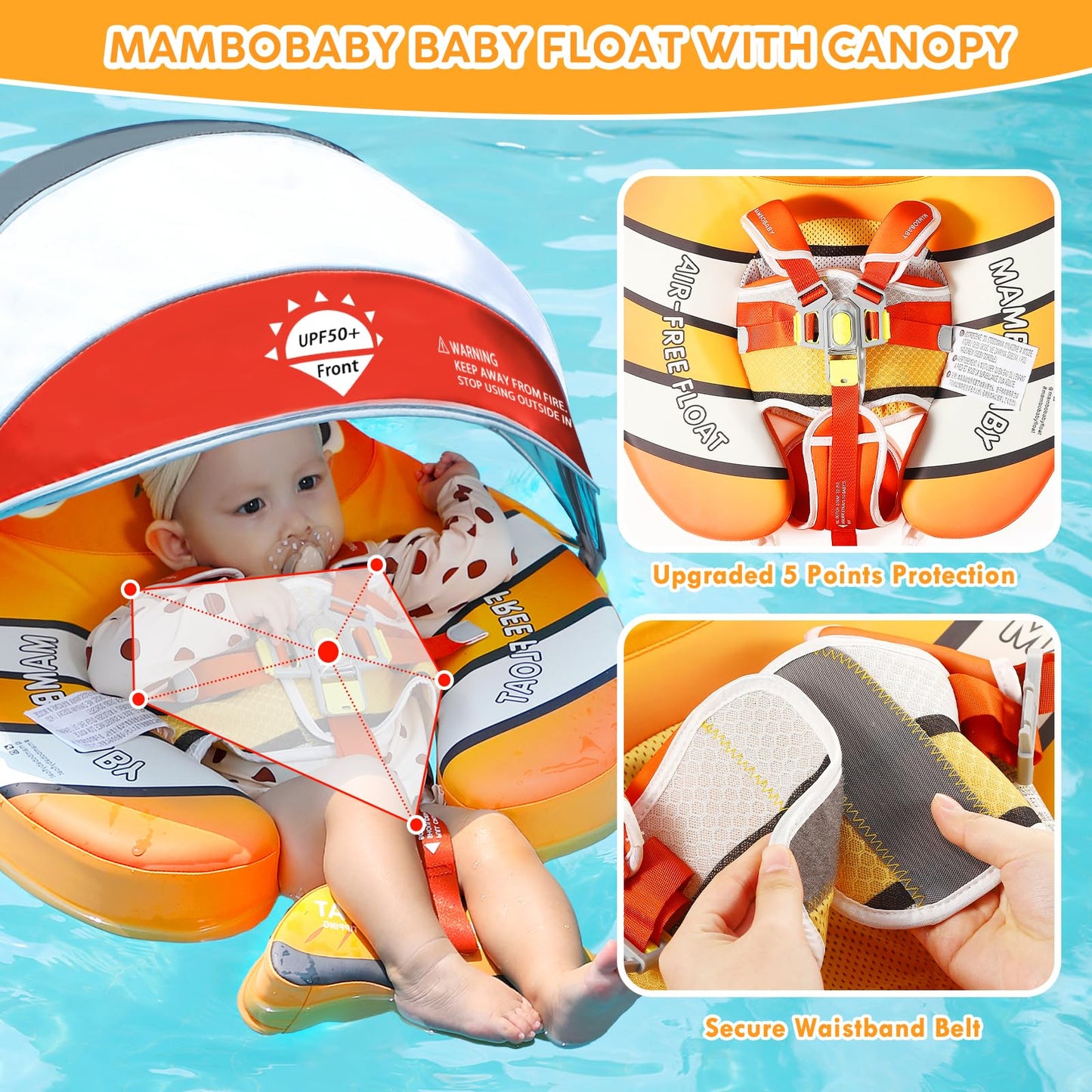 Mambobaby Baby Pool Float With Canopy, Non-Inflatable Infant Floats With Tail Solid Upgrade Soft Waterproof Skin-Friendly Mambo
