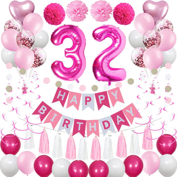 Sweet 32Nd Birthday Decorations For Women, Pink And White 32 Happy Birthday Balloons, 32Th Birthday Party Supplies Including Pin
