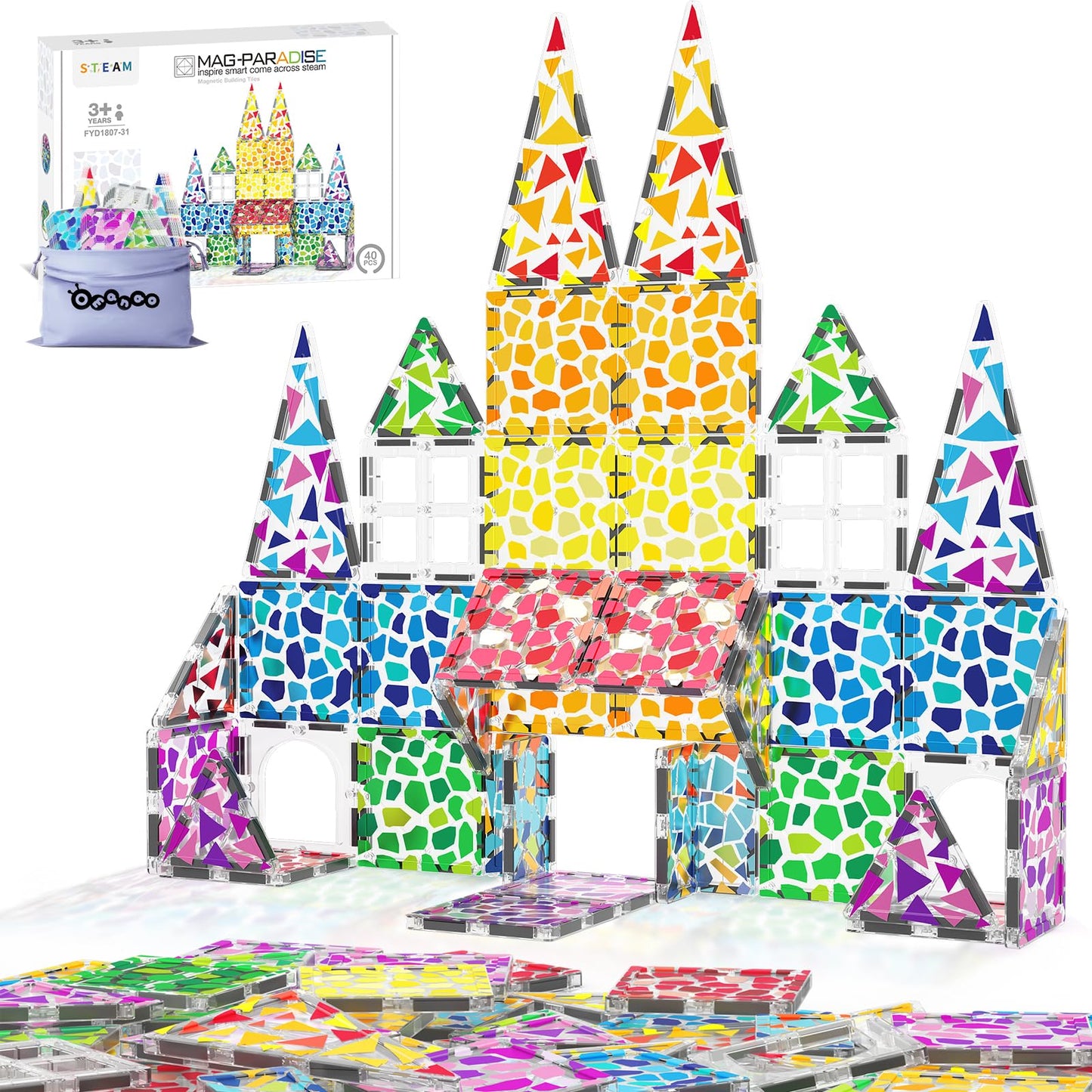 Omanao Magnetic Tiles, 40Pcs Magnet Tiles, Magnetic Building Blocks, Magnets For Kids Ages 3-12, Stem Learning Toys Sensory Mont