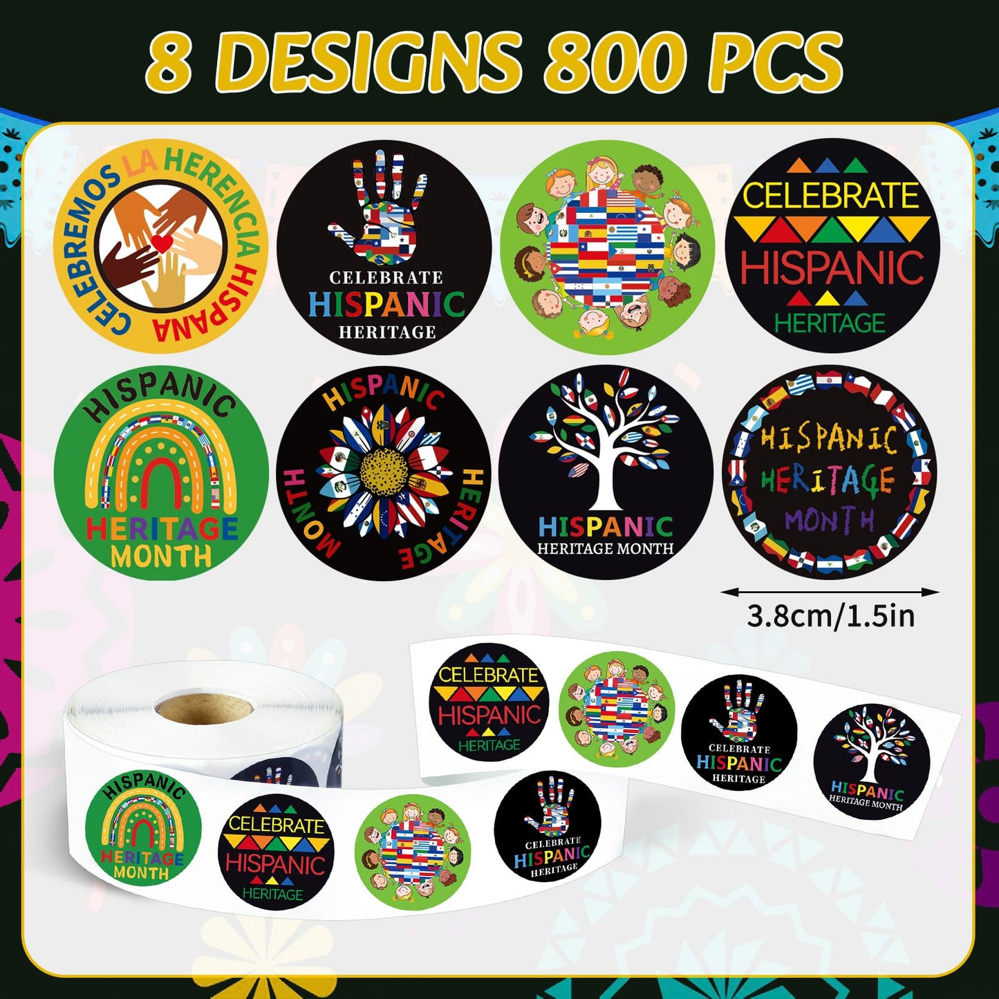 DECYOOL 800 Pcs Hispanic Heritage Month Stickers Roll, Spanish Hispanic Label Stickers Bulk for Kids Students Teachers Latino Hi