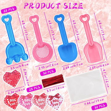 Fvcisshhu 28 Set Plastic Shovels Toy for Kids,Summer Beach Sand Shovel with I Dig You Cards Candy Bags Ties for Valentine's Part