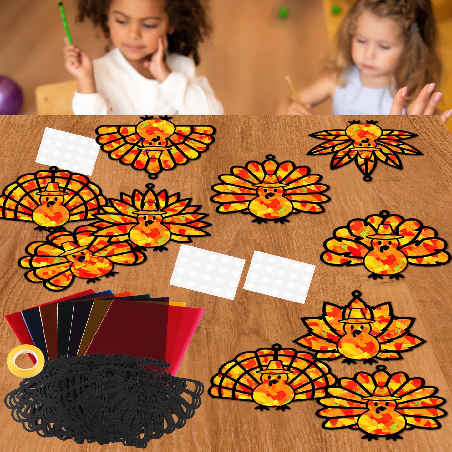 32 Sets Thanksgiving Turkey Suncatchers Craft Kit DIY Window Stained Glass Effect Thanksgiving Turkey Paper Crafts Home School C