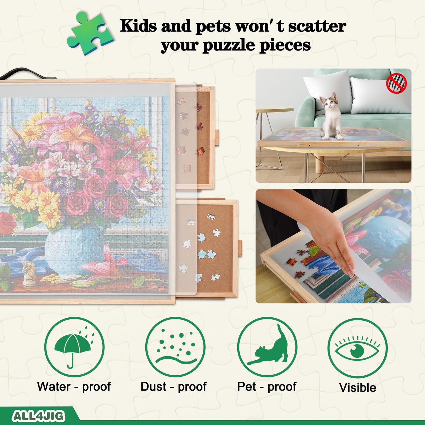 ALL4JIG 2-in-1 Tilting Puzzle Board - 1500 Pieces, Adjustable Angle, Wood, Iron, 34.2" x 25.2", with 4 Draw