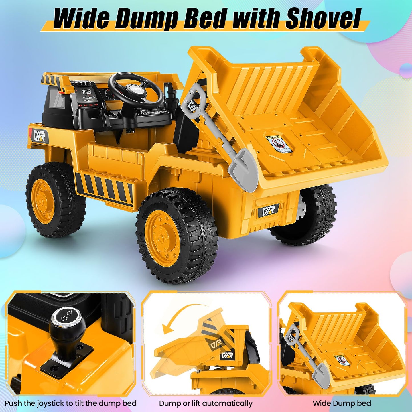 Hikole Ride On Dump Truck For Kids, Electric Cars With Remote Control, Dump Bed, Shovel, Bluetooth, Music Player, Ride On Construction Vehicles For Kids 4-8, Yellow
