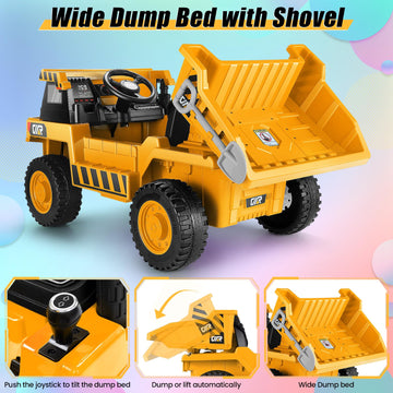 Hikole Ride On Dump Truck For Kids, Electric Cars With Remote Control, Dump Bed, Shovel, Bluetooth, Music Player, Ride On Construction Vehicles For Kids 4-8, Yellow