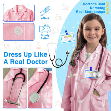 Riorand Kids' Doctor Lab Coat Costume With Accessories Role Play For Boys Girls Playset Nurse Costume Age 3-12 (Pink, S-120Cm/3-5T)