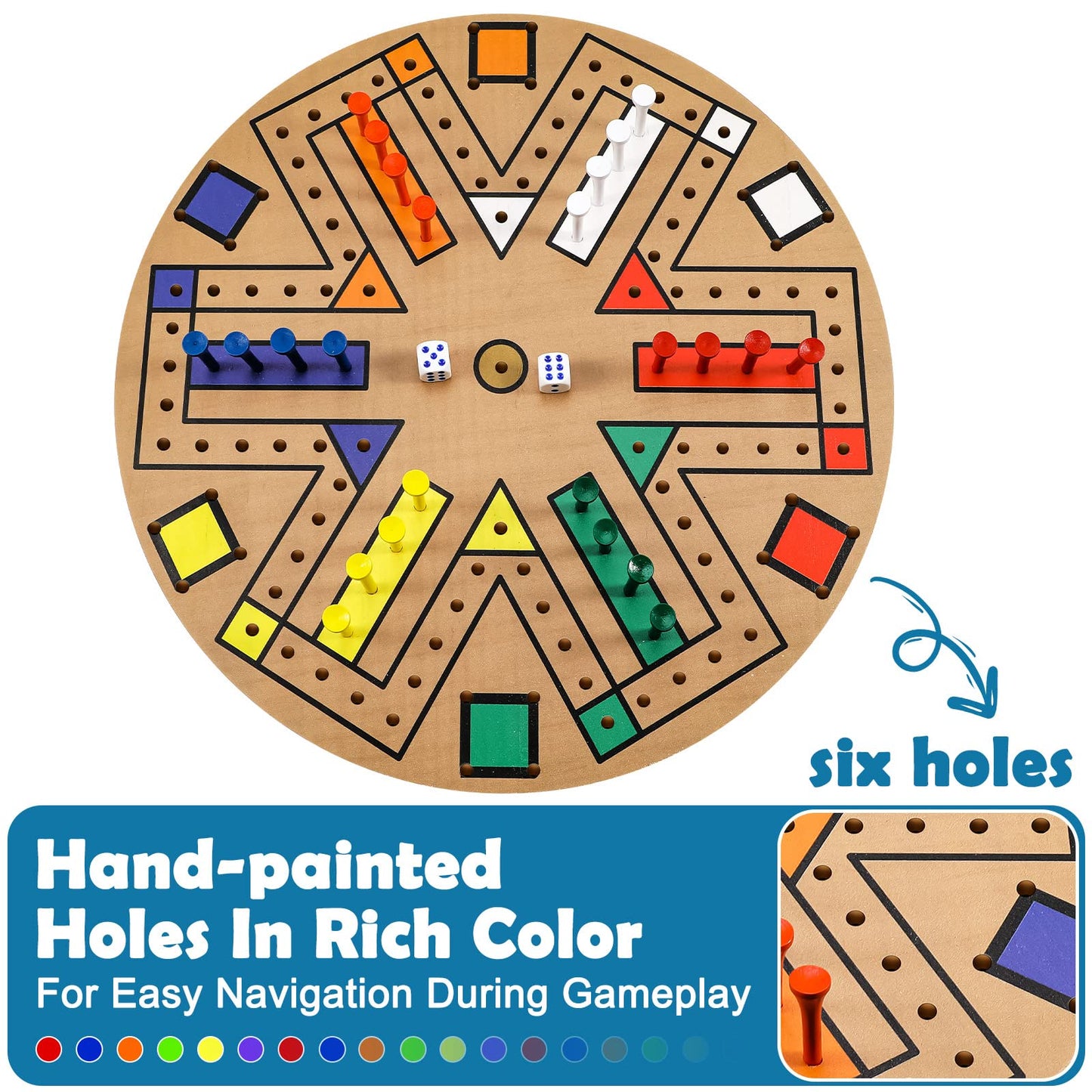 Kathfly Fast Track Board Game Wooden 3-6 Players Board Game Set With 24 Board Game Pieces And 2 Dice, Fast Track Game Night For Adult Teens Family Game, 6 Colors (14.2 Inch)