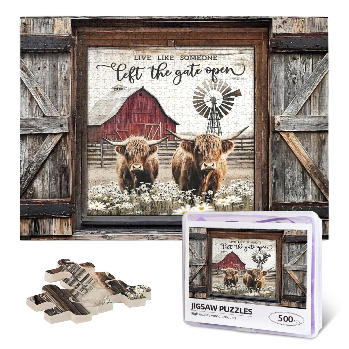 Highland Cow Jigsaw Puzzles 500 Pieces for Adults, Farm Animal & Daisies Country Scene, Rustic Window View Wooden Puzzle, Relaxi