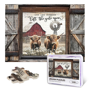Highland Cow Jigsaw Puzzles 500 Pieces for Adults, Farm Animal & Daisies Country Scene, Rustic Window View Wooden Puzzle, Relaxi