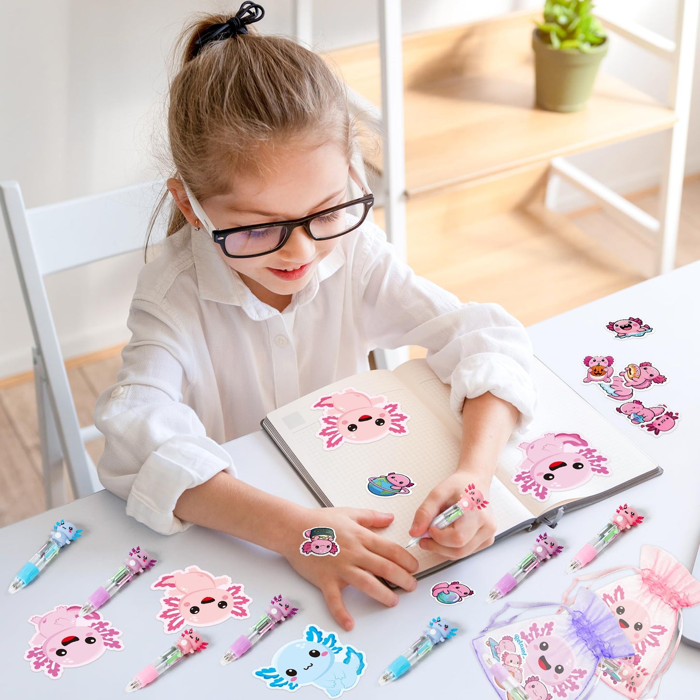 CY2SIDE Axolotl Party Gift Set - 12 Pack Stationery with 4-in-1 Pen, Sticky Notes & Stickers, Pink/Blue for Kids Goodie Bags