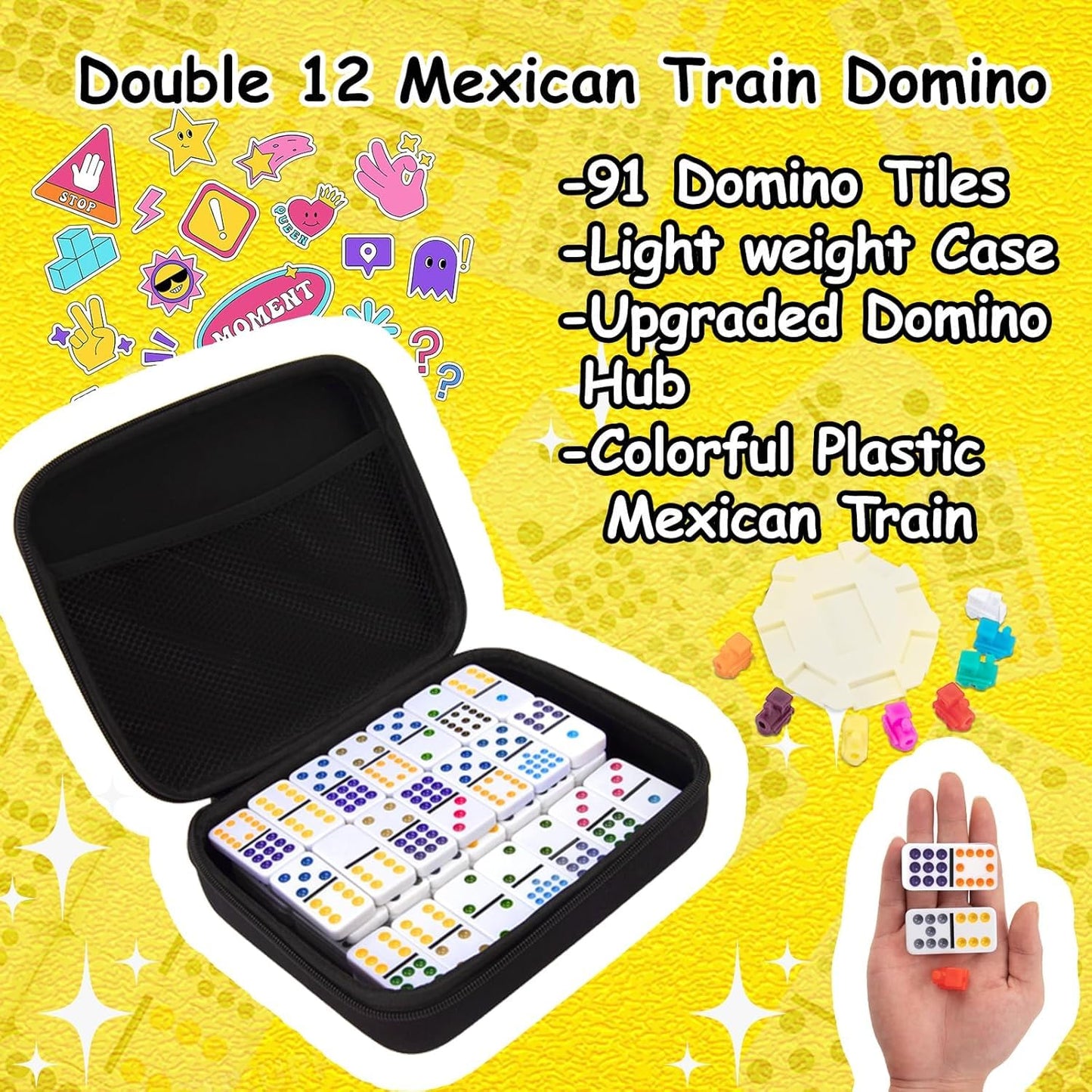 ESSAJOY Double 12 Mexican Train Dominoes, 91 Tiles Dot Dominoes Games in Portable Case with 9 Trains Instruction Booklet Score P