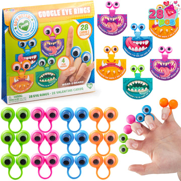 Joyin 28 Pack Valentines Day Eye Finger Puppets With Cards, Wide Open Eyes Toys For Kids , Classroom Exchange Prizes, Party Favo