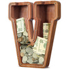 Customized Name Large Wooden Piggy Bank For Kids Boys Girls Alphabets Letter A-Z Coins Bills Money Change Bank Box Initial On Clear Cover (Laser Engraved) (Alphabet-V, Initial-12)