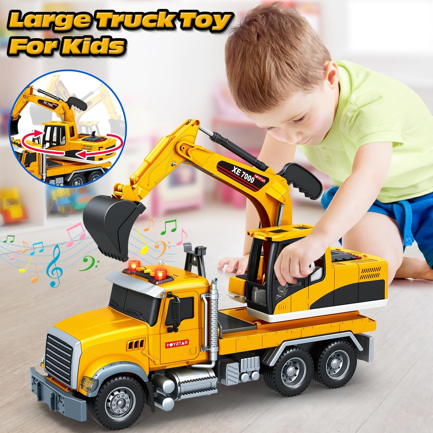Bstoyder Kids Toys for 3 4 5 6 7 8 Years Old Boys, Large Excavator Truck Toy with Lights, Sounds, Toddler Friction Powered Truck