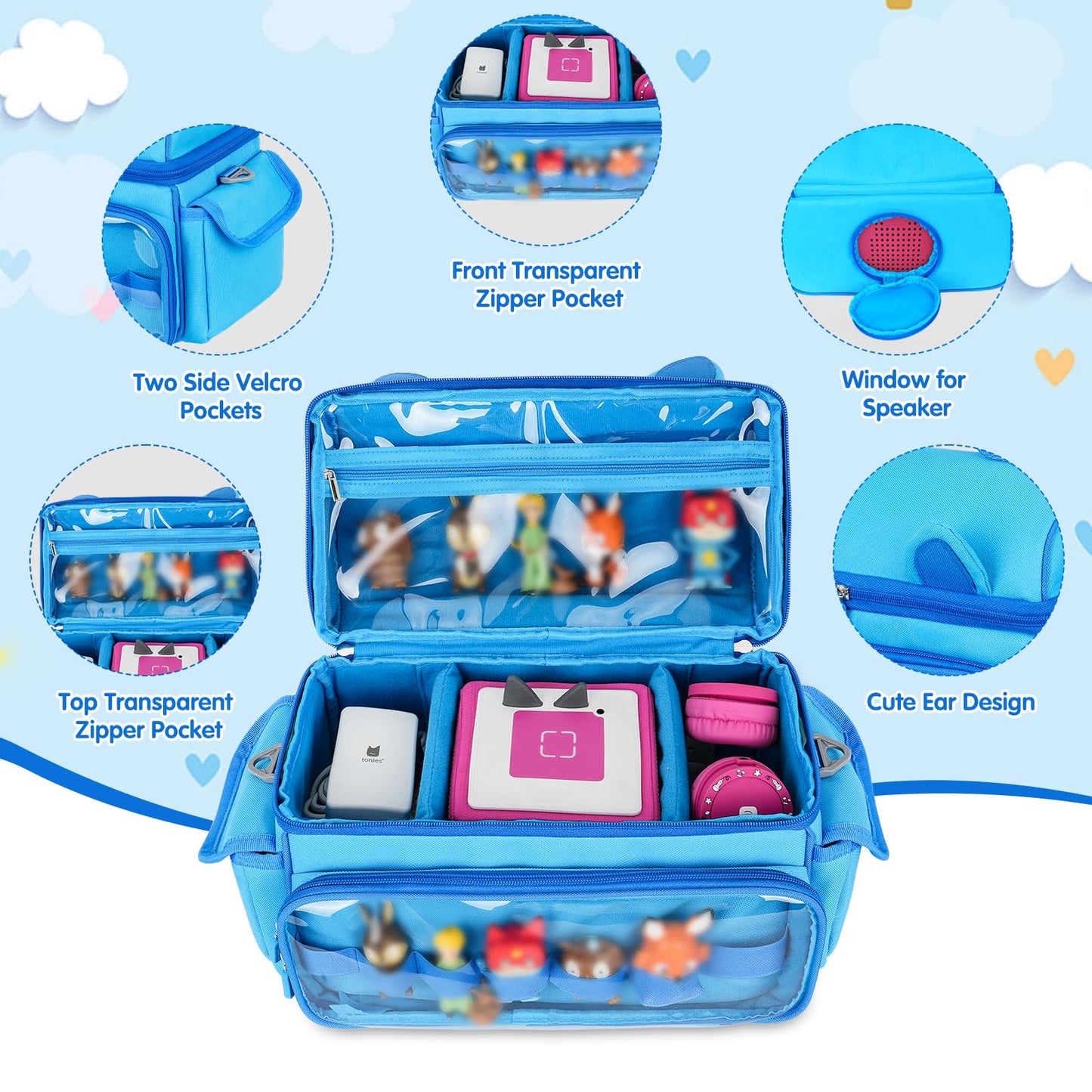 Jaffzora Carrying Case Compatible with Toniebox Starter Set Cute Storage Bag Fits for Tonies Figures Characters Tonies Headphones & Accessories  Blue(Bag Only)