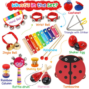 Raimy Kids Musical Instruments Set - Wooden Percussion Instruments Toy For Toddler Baby, Preschool Educational Music Toys For Boys And Girls With Carrying Bag (Red)
