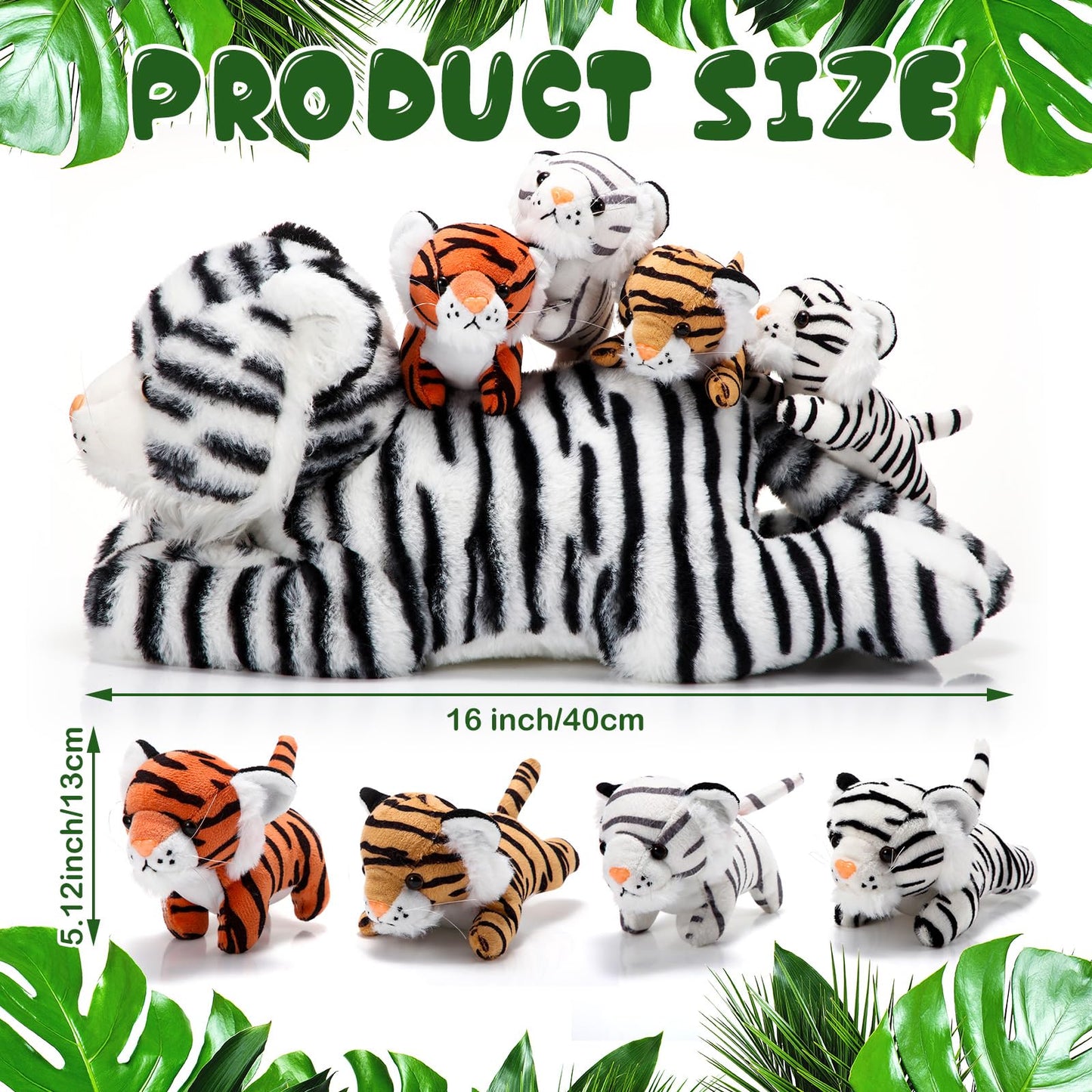 Threan 5 Pcs Tiger Stuffed Animals Plush Toy Set 16 Inch Stuffed Mommy Tiger With 4 Baby Cubs In Zippered Belly Cuddly Plushies For Kids Boys Girls Easter Forest Birthday Gifts Party Favor(Lovely)