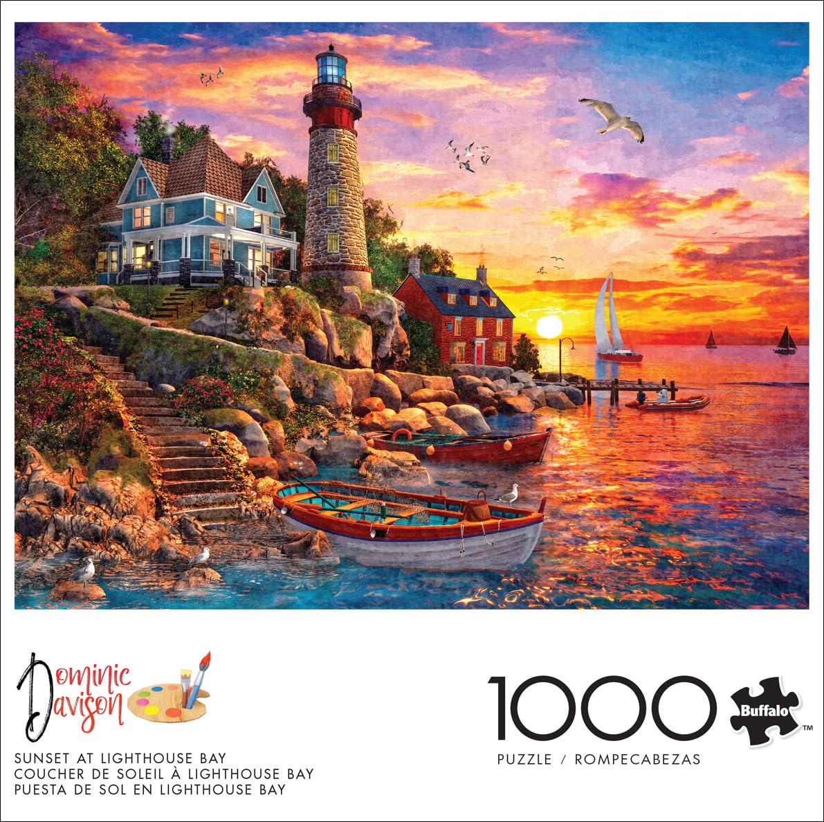 Buffalo Games 1000 Piece Jigsaw Puzzle - Sunset at Lighthouse Bay - Multicolor - 26.75 x 19.75 - Challenging Puzzle for Adults