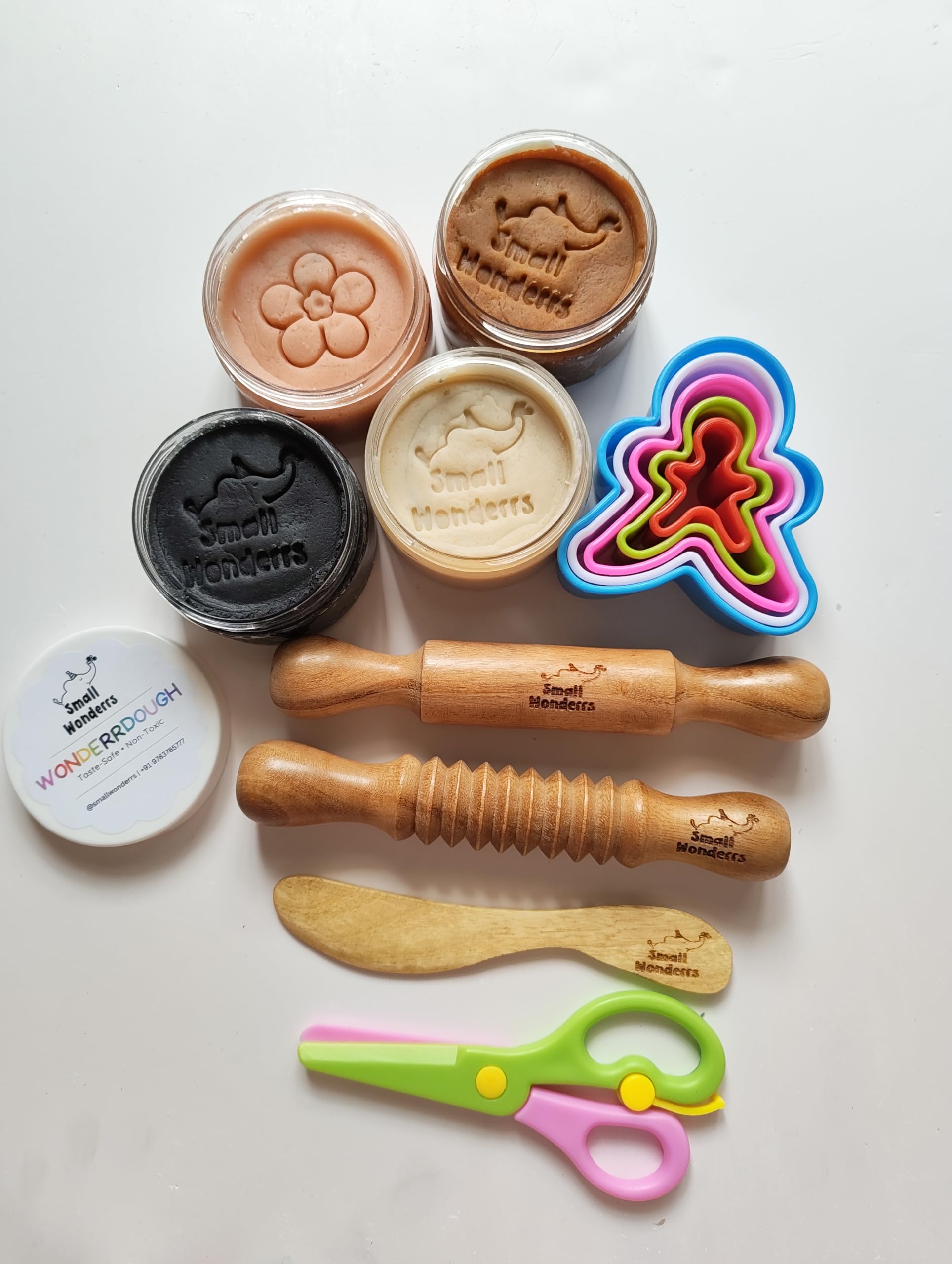 Wonderrdough Play Kit For Kids (13Piece Set) By Small Wonderrs | 5 Cutters, Rollers & Tools | NonToxic (Neutral) (Neutral)