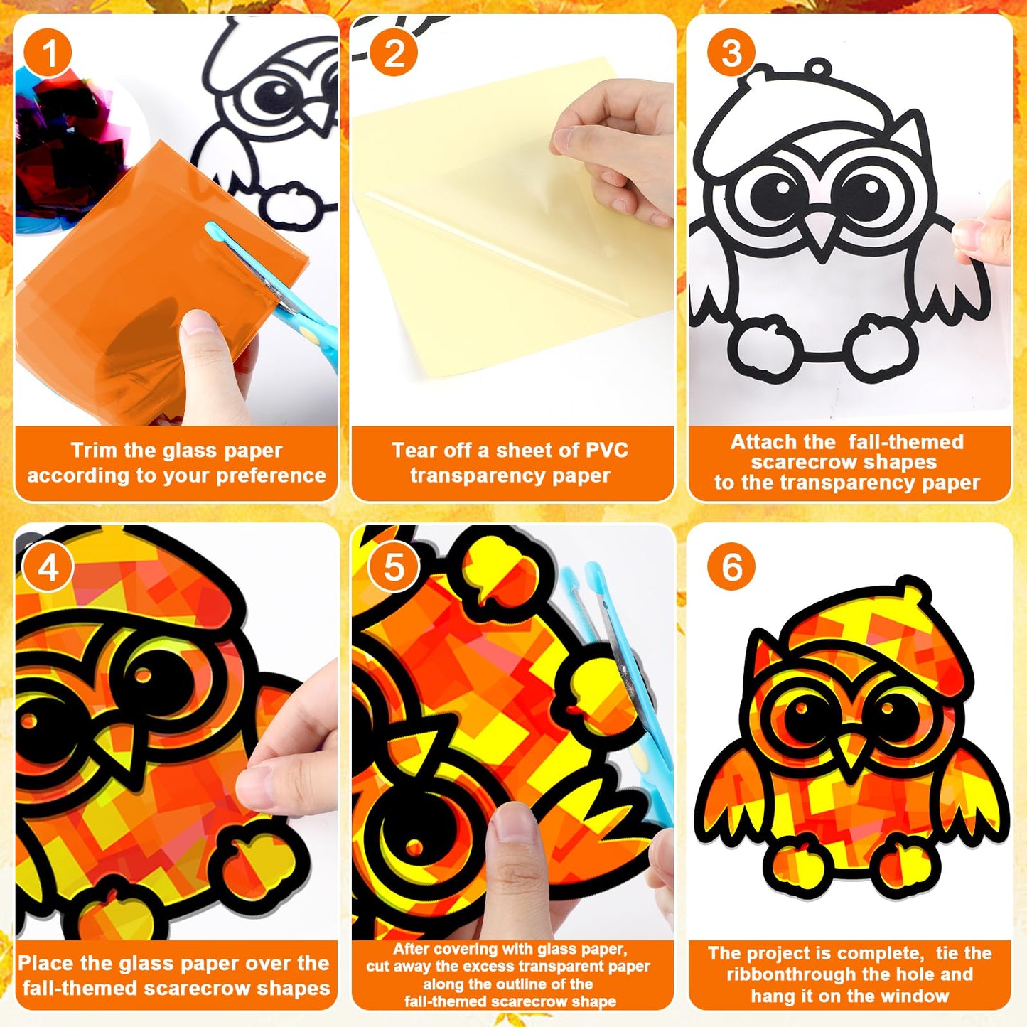 QOUBAI 32 Sets Fall Owl Suncatchers Craft Kit DIY Window Stained Glass Effect Autumn Owl Paper Crafts Home School Classroom Deco